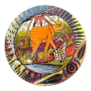 Penzo Zimbabwe African Safari Handpainted Plate 9 Elephant Monkey Giraffe Signed